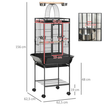 Bird/Parrot Cage with Wheels, Perches, Feeders, Shelf, Arched Bridge, and Removable Trays – Suitable for Cockatiels, Parakeets, and Conures (62.5 x 62.5 x 156 cm, Grey)
