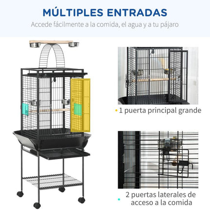 Bird/Parrot Cage with Wheels, Perches, Feeders, Shelf, Arched Bridge, and Removable Trays – Suitable for Cockatiels, Parakeets, and Conures (62.5 x 62.5 x 156 cm, Grey)