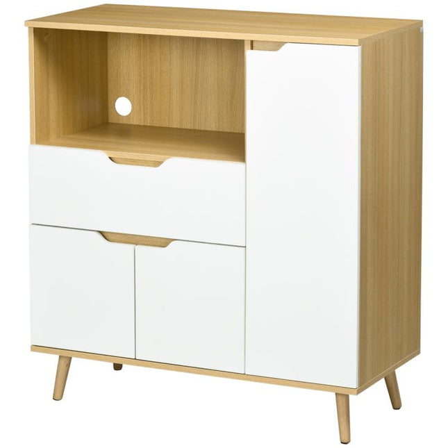 Kitchen storage unit for microwave, 1 drawer, 2 cupboards with one shelf, 90 x 40 x 98.5 cm, wood and white