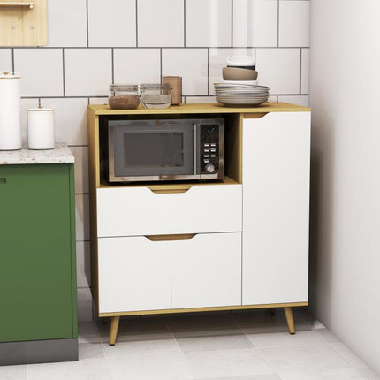 Kitchen storage unit for microwave, 1 drawer, 2 cupboards with one shelf, 90 x 40 x 98.5 cm, wood and white