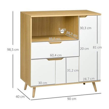 Kitchen storage unit for microwave, 1 drawer, 2 cupboards with one shelf, 90 x 40 x 98.5 cm, wood and white