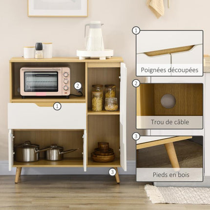 Kitchen storage unit for microwave, 1 drawer, 2 cupboards with one shelf, 90 x 40 x 98.5 cm, wood and white
