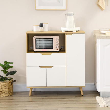 Kitchen storage unit for microwave, 1 drawer, 2 cupboards with one shelf, 90 x 40 x 98.5 cm, wood and white