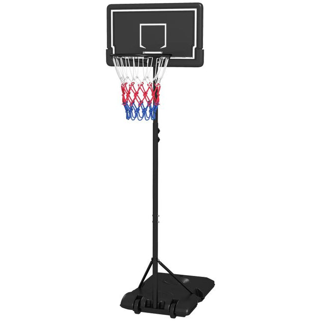 Height-adjustable, mobile, fillable basketball stand with shatterproof backboard; hoop height 1.82–2.13 m; black.