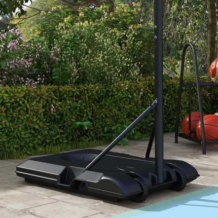 Height-adjustable, mobile, fillable basketball stand with shatterproof backboard; hoop height 1.82–2.13 m; black.
