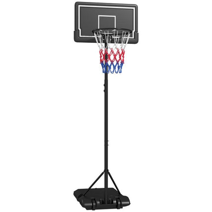 Height-adjustable, mobile, fillable basketball stand with shatterproof backboard; hoop height 1.82–2.13 m; black.