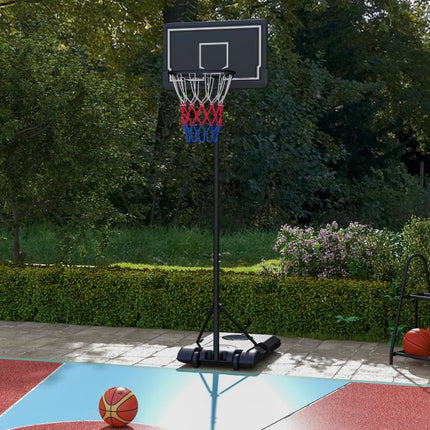 Height-adjustable, mobile, fillable basketball stand with shatterproof backboard; hoop height 1.82–2.13 m; black.