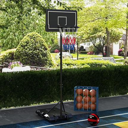 Height-adjustable, mobile, fillable basketball stand with shatterproof backboard; hoop height 1.82–2.13 m; black.