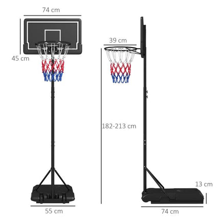 Height-adjustable, mobile, fillable basketball stand with shatterproof backboard; hoop height 1.82–2.13 m; black.