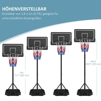 Height-adjustable, mobile, fillable basketball stand with shatterproof backboard; hoop height 1.82–2.13 m; black.
