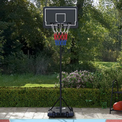 Height-adjustable, mobile, fillable basketball stand with shatterproof backboard; hoop height 1.82–2.13 m; black.