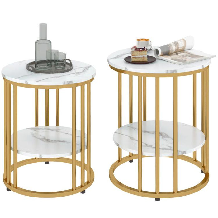 Set of 2 round side tables, marble-effect coffee tables with open storage and metal frame