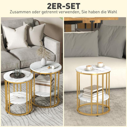 Set of 2 round side tables, marble-effect coffee tables with open storage and metal frame