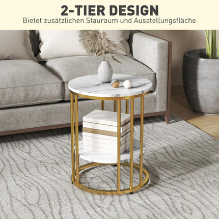 Set of 2 round side tables, marble-effect coffee tables with open storage and metal frame