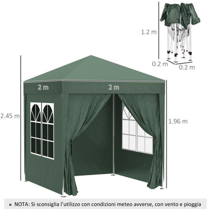 2x2m Folding Gazebo with 4 Removable Sidewalls and Carry Bag, Metal and Polyester, Green