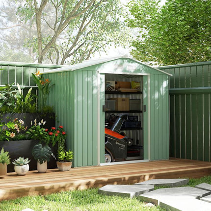 Sheet Steel Garden Shed with Sliding Doors, 213x130x185cm, Light Green