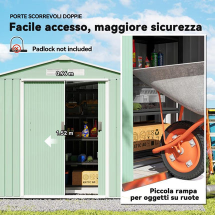 Sheet Steel Garden Shed with Sliding Doors, 213x130x185cm, Light Green
