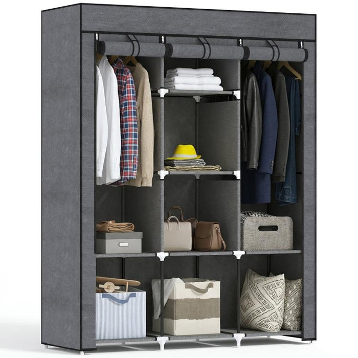 Fabric wardrobe, storage solution, 8 shelves, 2 clothes rails, dark grey