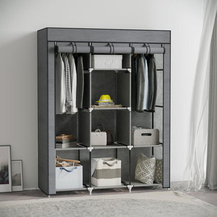 Fabric wardrobe, storage solution, 8 shelves, 2 clothes rails, dark grey