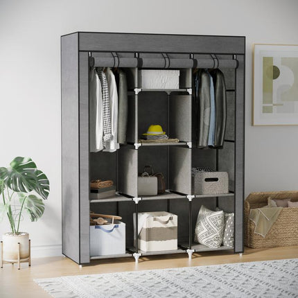 Fabric wardrobe, storage solution, 8 shelves, 2 clothes rails, dark grey