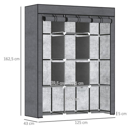 Fabric wardrobe, storage solution, 8 shelves, 2 clothes rails, dark grey