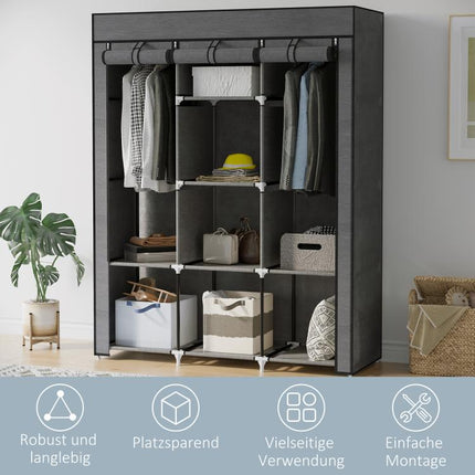 Fabric wardrobe, storage solution, 8 shelves, 2 clothes rails, dark grey
