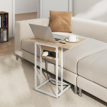Klappbarer Beistelltisch, Ladestation mit USB-Ports, Metall, 39 x 29 x 57 cm, Holzfarben