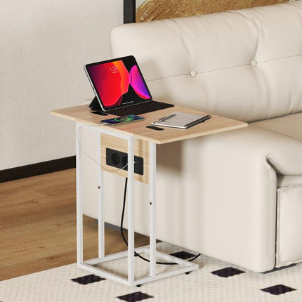 Klappbarer Beistelltisch, Ladestation mit USB-Ports, Metall, 39 x 29 x 57 cm, Holzfarben