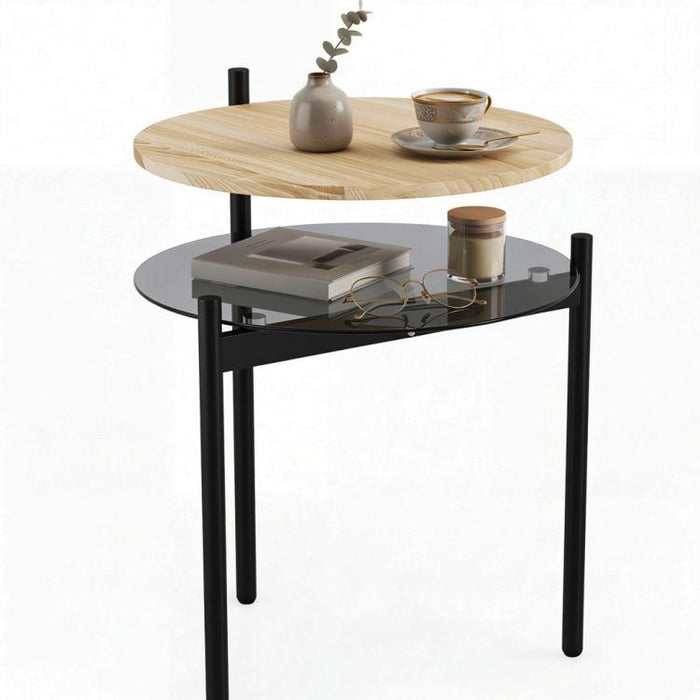 Runder Beistelltisch mit offener Glasablage für kleine R?ume, Wohnzimmer, Schlafzimmer, 41,8 x 39,8 x 53,5 cm, Eiche