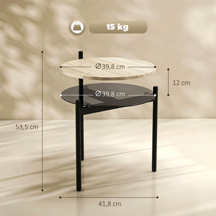 Runder Beistelltisch mit offener Glasablage für kleine R?ume, Wohnzimmer, Schlafzimmer, 41,8 x 39,8 x 53,5 cm, Eiche