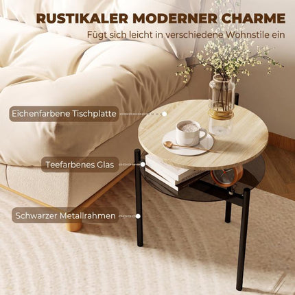 Runder Beistelltisch mit offener Glasablage für kleine R?ume, Wohnzimmer, Schlafzimmer, 41,8 x 39,8 x 53,5 cm, Eiche