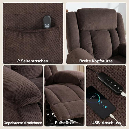 Aufstehsessel mit weichem Bezug, Recliner-Sessel mit Fernbedienung und Seitentaschen, Braun