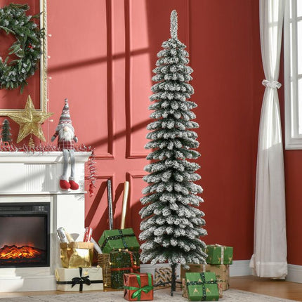 árbol de Navidad Estrecho Nevado 180 cm con 395 Ramas y Soporte de Metal Plegable para Salón Interior Verde