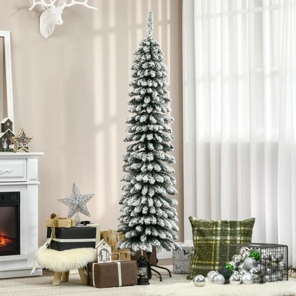 árbol de Navidad Estrecho Nevado 180 cm con 395 Ramas y Soporte de Metal Plegable para Salón Interior Verde