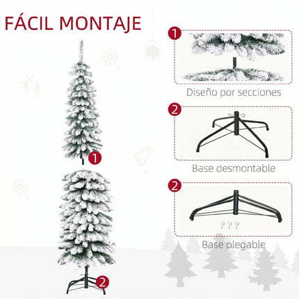 árbol de Navidad Estrecho Nevado 180 cm con 395 Ramas y Soporte de Metal Plegable para Salón Interior Verde
