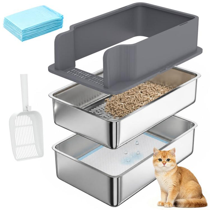 Large Stainless Steel Cat Litter Box with Sifting Tray, High Sides, Scoop, and 10 Pads – Dark Gray