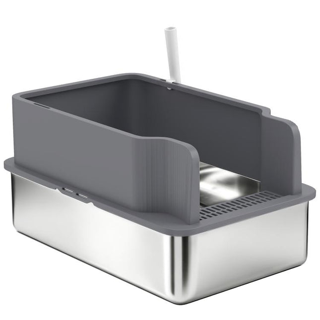 Large Stainless Steel Cat Litter Box with Sifting Tray, High Sides, Scoop, and 10 Pads – Dark Gray