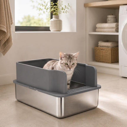 Large Stainless Steel Cat Litter Box with Sifting Tray, High Sides, Scoop, and 10 Pads – Dark Gray