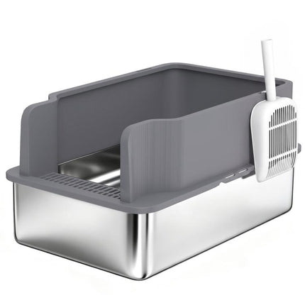 Large Stainless Steel Cat Litter Box with Sifting Tray, High Sides, Scoop, and 10 Pads – Dark Gray