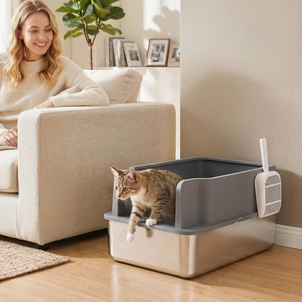 Large Stainless Steel Cat Litter Box with Sifting Tray, High Sides, Scoop, and 10 Pads – Dark Gray