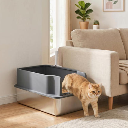 Large Stainless Steel Cat Litter Box with Sifting Tray, High Sides, Scoop, and 10 Pads – Dark Gray