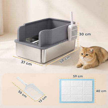 Large Stainless Steel Cat Litter Box with Sifting Tray, High Sides, Scoop, and 10 Pads – Dark Gray
