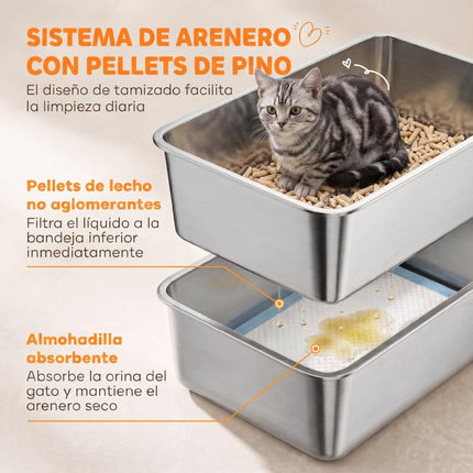 Large Stainless Steel Cat Litter Box with Sifting Tray, High Sides, Scoop, and 10 Pads – Dark Gray