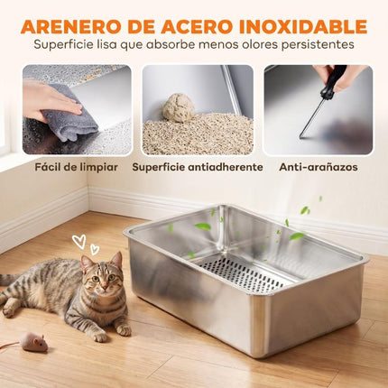 Large Stainless Steel Cat Litter Box with Sifting Tray, High Sides, Scoop, and 10 Pads – Dark Gray