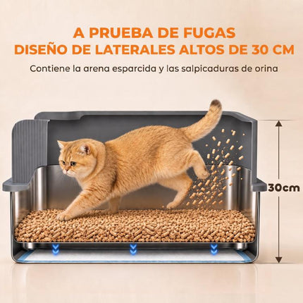 Large Stainless Steel Cat Litter Box with Sifting Tray, High Sides, Scoop, and 10 Pads – Dark Gray