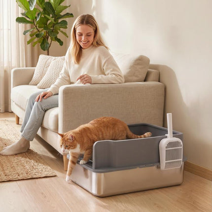 Large Stainless Steel Cat Litter Box with Sifting Tray, High Sides, Scoop, and 10 Pads – Dark Gray