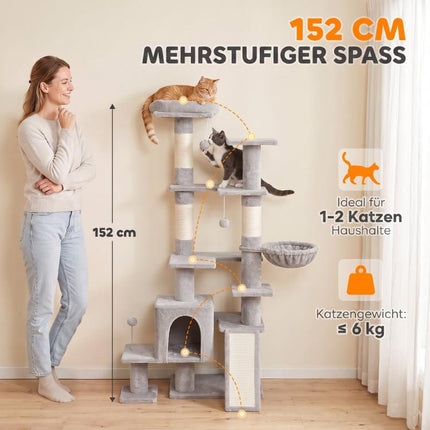 Kratzbaum Gro?e, 152 cm hoch Katzenbaum mit Kratzst?mmen H?hlen 2 Eing?ngen 3 B?llen H?ngematte, 6 kg, Hellgrau