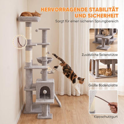 Kratzbaum Gro?e, 152 cm hoch Katzenbaum mit Kratzst?mmen H?hlen 2 Eing?ngen 3 B?llen H?ngematte, 6 kg, Hellgrau