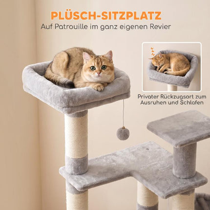 Kratzbaum Gro?e, 152 cm hoch Katzenbaum mit Kratzst?mmen H?hlen 2 Eing?ngen 3 B?llen H?ngematte, 6 kg, Hellgrau