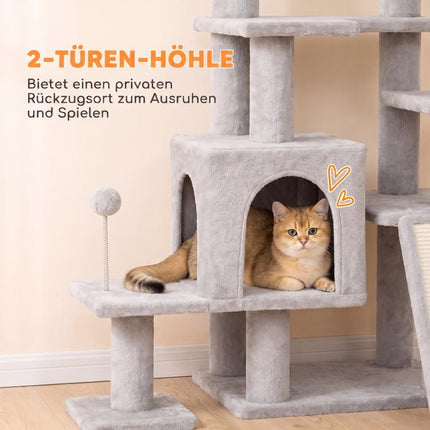 Kratzbaum Gro?e, 152 cm hoch Katzenbaum mit Kratzst?mmen H?hlen 2 Eing?ngen 3 B?llen H?ngematte, 6 kg, Hellgrau